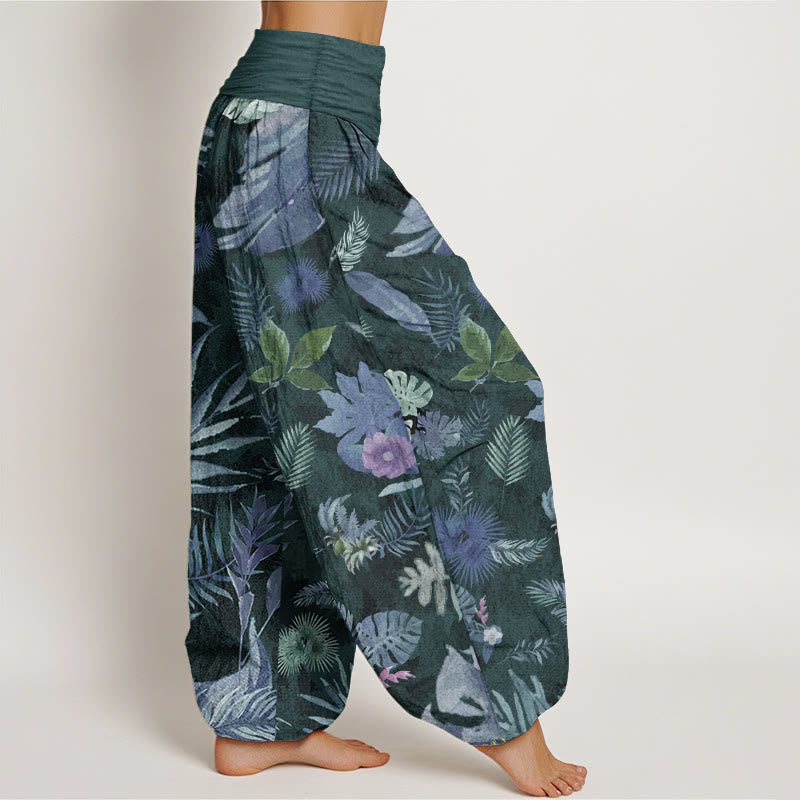 Pantalon sarouel taille élastique pour femme en pur coton avec feuillage tropical coloré et Buddha Stones