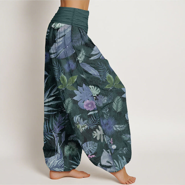 Pantalon sarouel taille élastique pour femme en pur coton avec feuillage tropical coloré et Buddha Stones