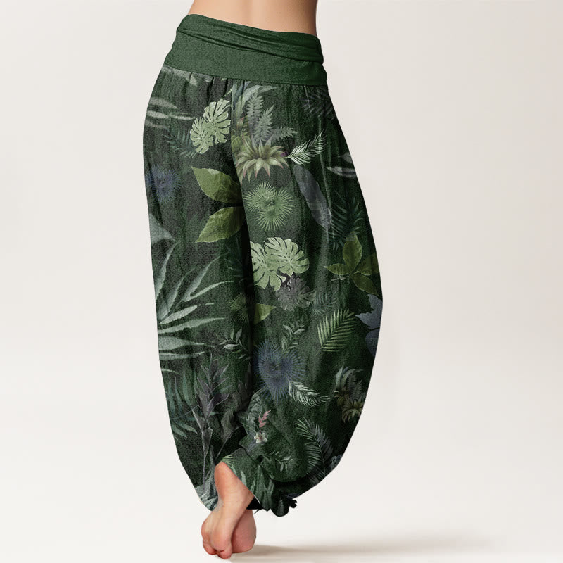 Pantalon sarouel taille élastique pour femme en pur coton avec feuillage tropical coloré et Buddha Stones