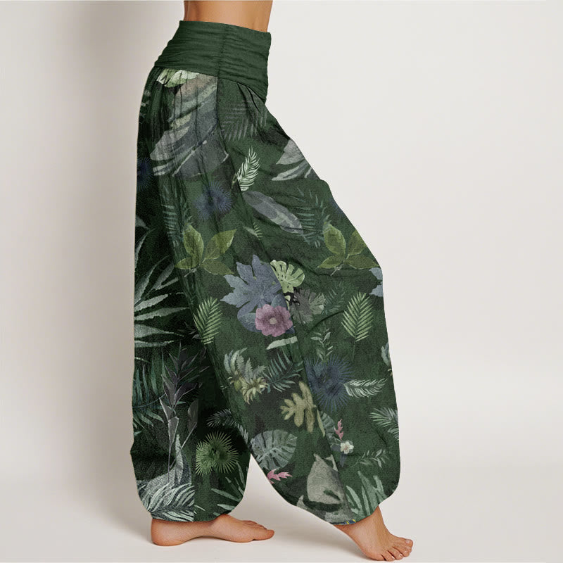 Pantalon sarouel taille élastique pour femme en pur coton avec feuillage tropical coloré et Buddha Stones