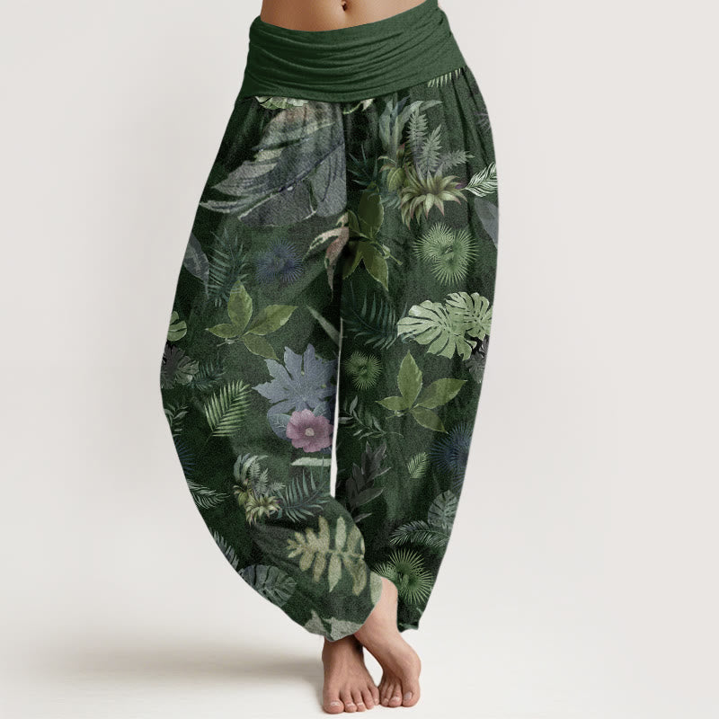 Pantalon sarouel taille élastique pour femme en pur coton avec feuillage tropical coloré et Buddha Stones