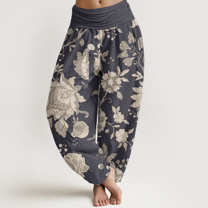 Pantalon Buddha Stones décontracté en pur coton avec motif pivoine et taille élastique pour femme