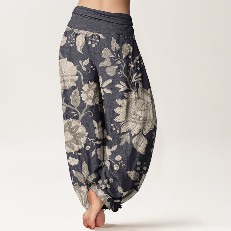 Pantalon Buddha Stones décontracté en pur coton avec motif pivoine et taille élastique pour femme