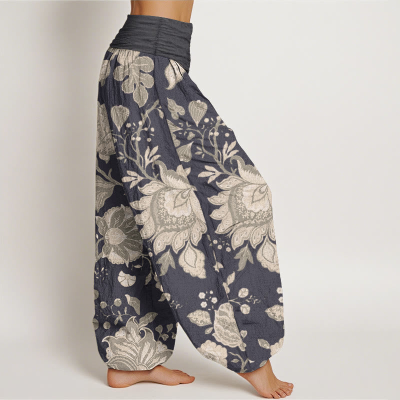 Pantalon Buddha Stones décontracté en pur coton avec motif pivoine et taille élastique pour femme