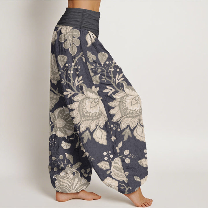 Pantalon Buddha Stones décontracté en pur coton avec motif pivoine et taille élastique pour femme