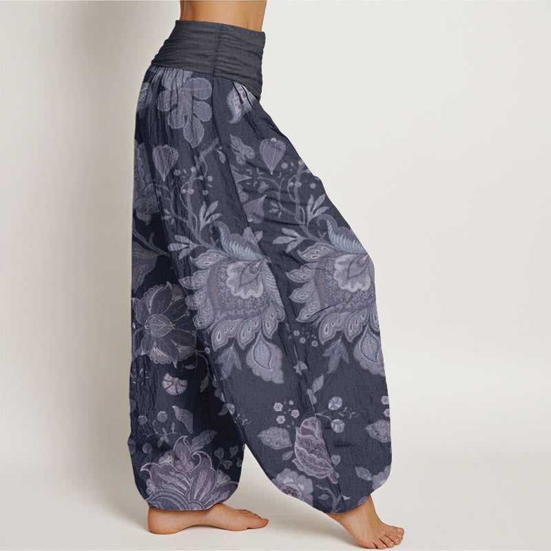 Pantalon Buddha Stones décontracté en pur coton avec motif pivoine et taille élastique pour femme