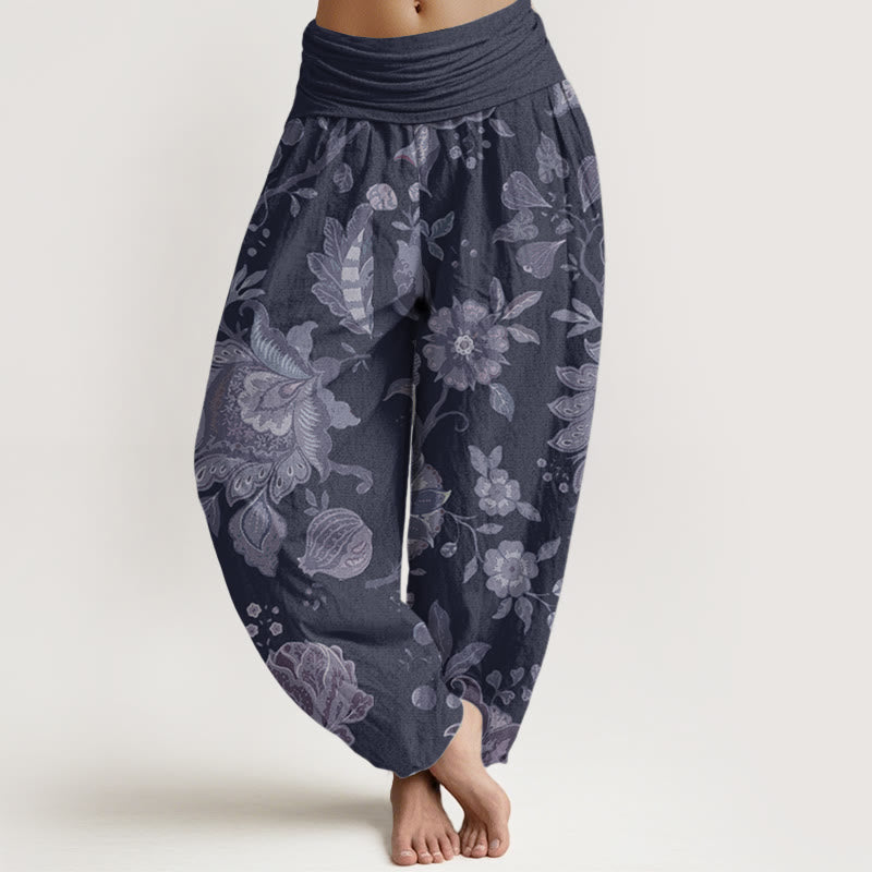 Pantalon Buddha Stones décontracté en pur coton avec motif pivoine et taille élastique pour femme