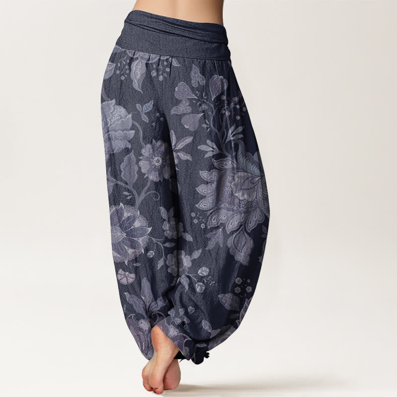 Pantalon Buddha Stones décontracté en pur coton avec motif pivoine et taille élastique pour femme