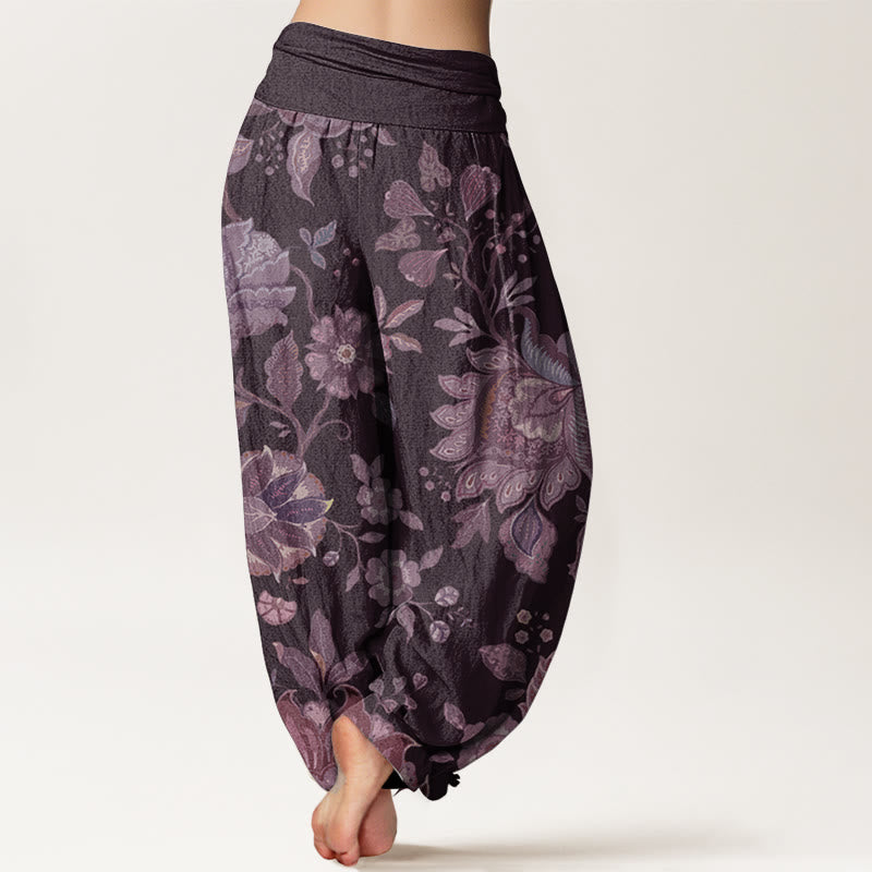 Pantalon Buddha Stones décontracté en pur coton avec motif pivoine et taille élastique pour femme