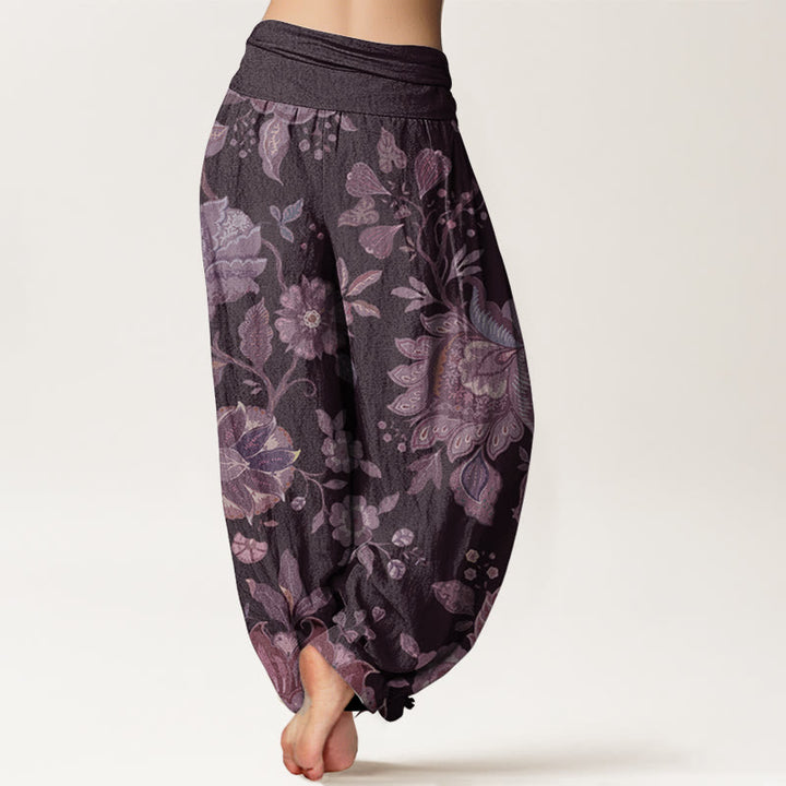Pantalon Buddha Stones décontracté en pur coton avec motif pivoine et taille élastique pour femme