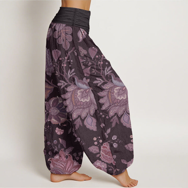 Pantalon Buddha Stones décontracté en pur coton avec motif pivoine et taille élastique pour femme