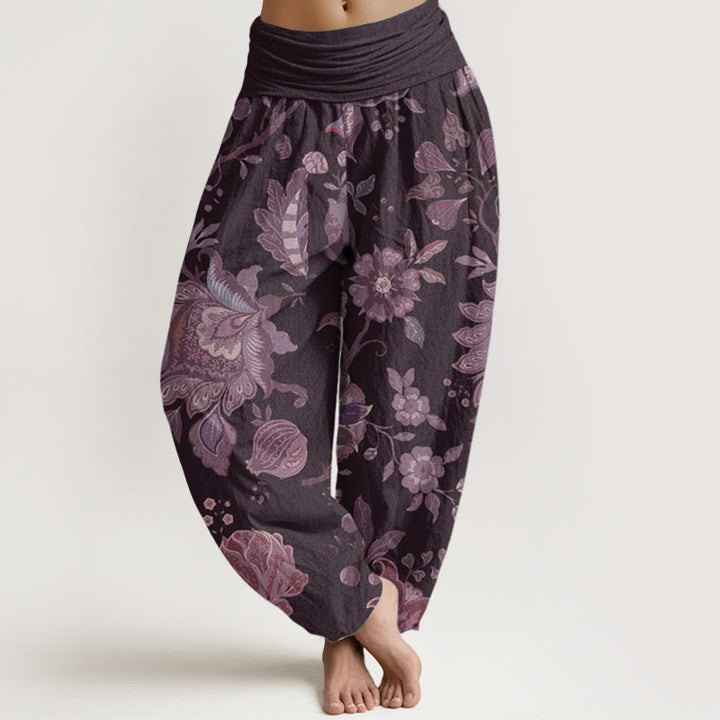 Pantalon Buddha Stones décontracté en pur coton avec motif pivoine et taille élastique pour femme