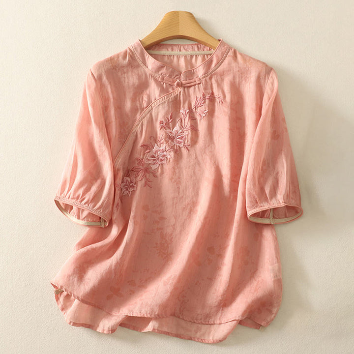 Chemise femme en coton à manches mi-longues et col mandarin avec broderies de Buddha Stones - image 14