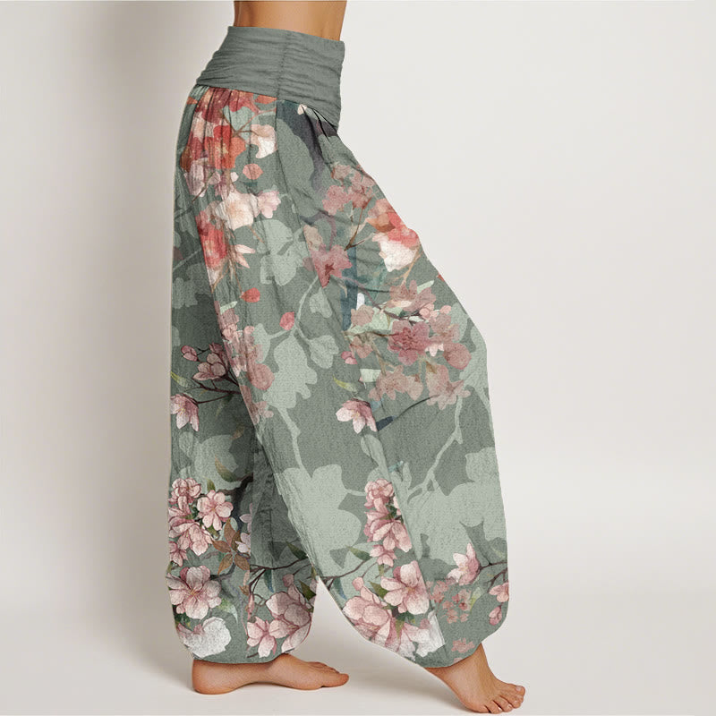 Pantalon sarouel taille élastique pour femme, motif Buddha Stones, pur coton, rouge, rose, fleurs en fleurs, branches luxuriantes