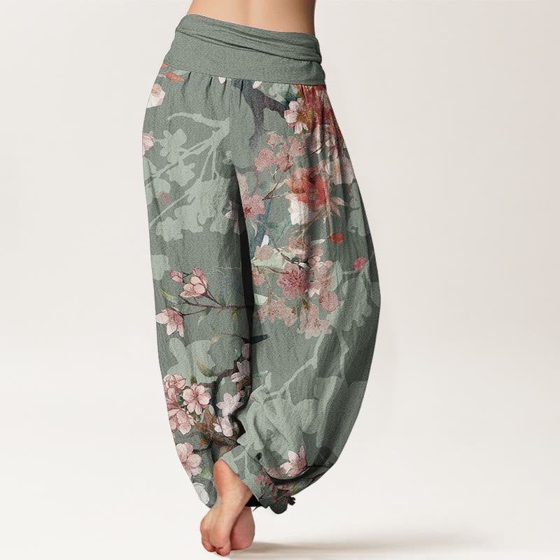 Pantalon sarouel taille élastique pour femme, motif Buddha Stones, pur coton, rouge, rose, fleurs en fleurs, branches luxuriantes - image 1