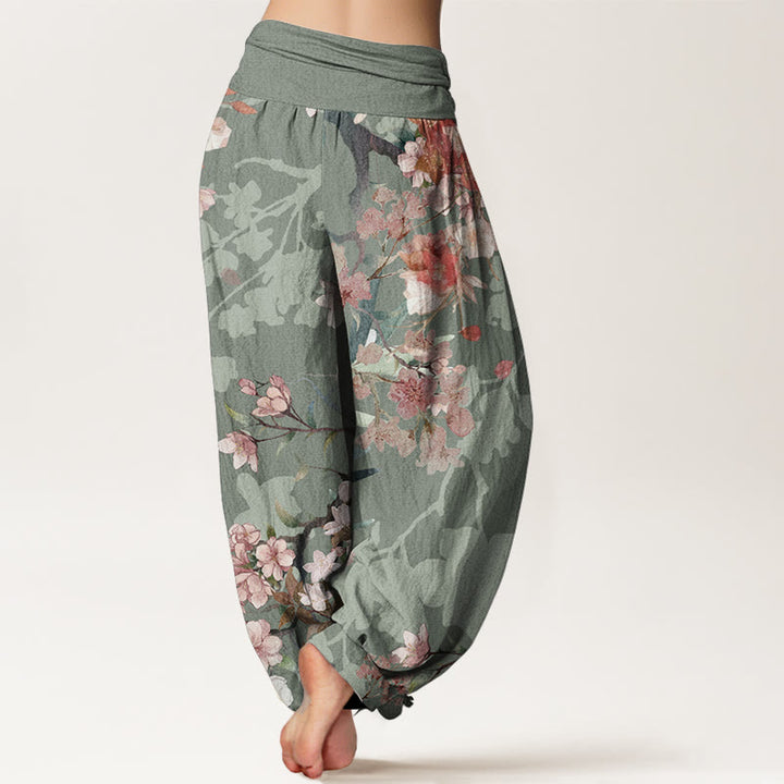 Pantalon sarouel taille élastique pour femme, motif Buddha Stones, pur coton, rouge, rose, fleurs en fleurs, branches luxuriantes - image 1