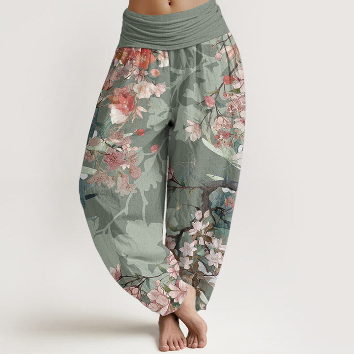 Pantalon sarouel taille élastique pour femme, motif Buddha Stones, pur coton, rouge, rose, fleurs en fleurs, branches luxuriantes