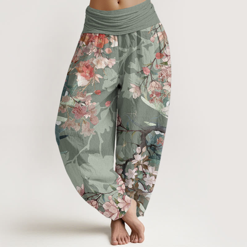 Pantalon sarouel taille élastique pour femme, motif Buddha Stones, pur coton, rouge, rose, fleurs en fleurs, branches luxuriantes - Vert foncé - US22，UK/AU26，EU54 (6XL) - image 0