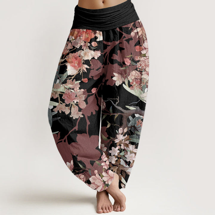 Pantalon sarouel taille élastique pour femme, motif Buddha Stones, pur coton, rouge, rose, fleurs en fleurs, branches luxuriantes