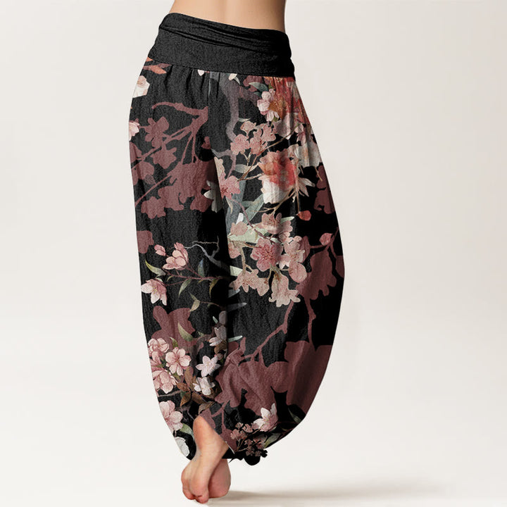 Pantalon sarouel taille élastique pour femme, motif Buddha Stones, pur coton, rouge, rose, fleurs en fleurs, branches luxuriantes