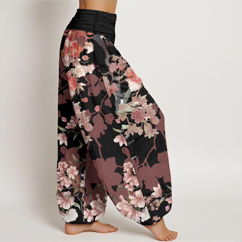 Pantalon sarouel taille élastique pour femme, motif Buddha Stones, pur coton, rouge, rose, fleurs en fleurs, branches luxuriantes