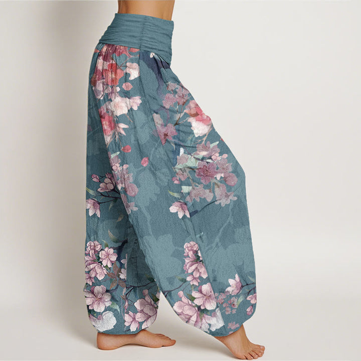 Pantalon sarouel taille élastique pour femme, motif Buddha Stones, pur coton, rouge, rose, fleurs en fleurs, branches luxuriantes