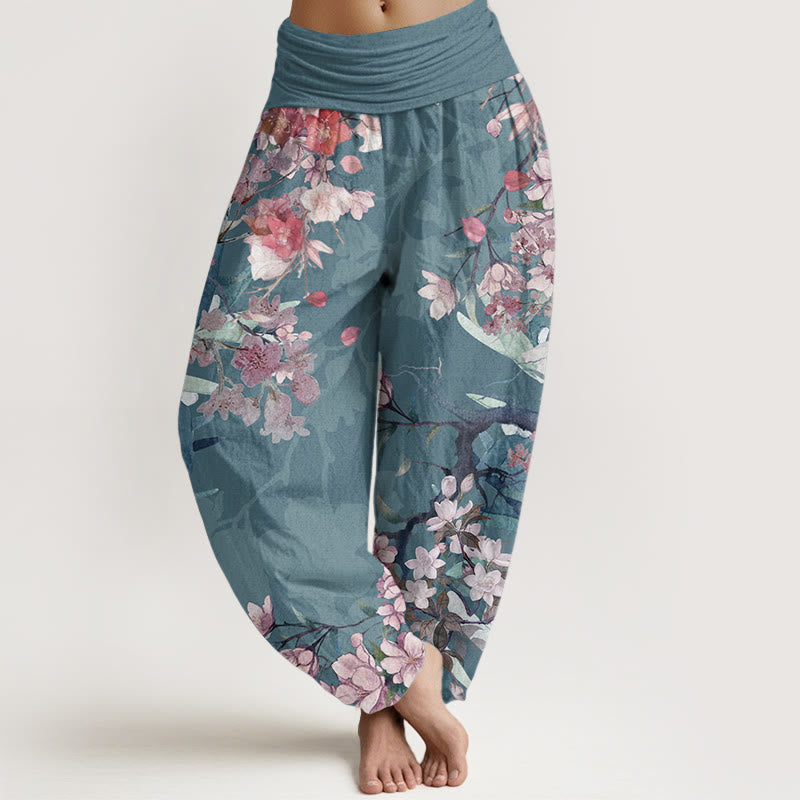 Pantalon sarouel taille élastique pour femme, motif Buddha Stones, pur coton, rouge, rose, fleurs en fleurs, branches luxuriantes