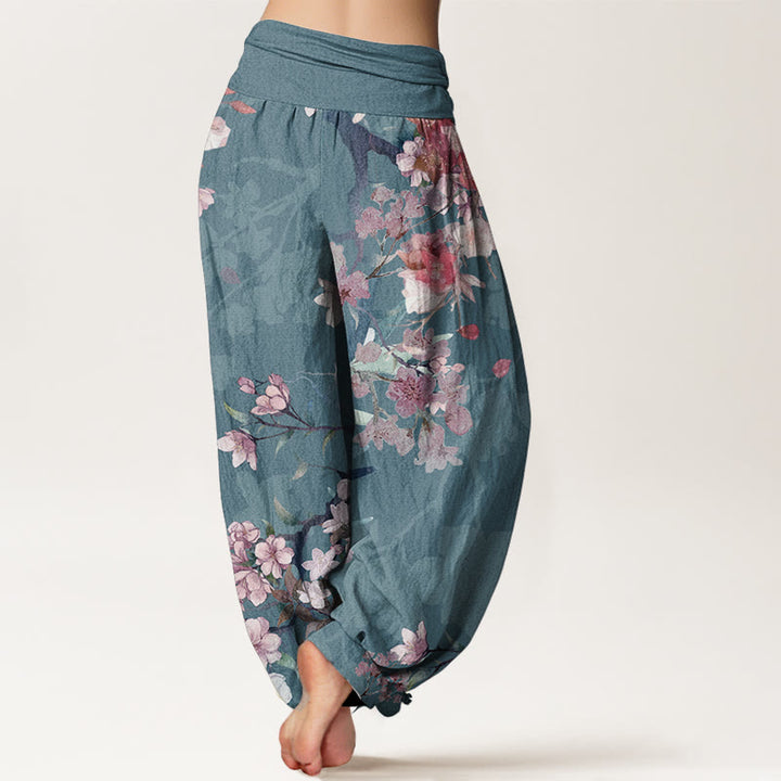 Pantalon sarouel taille élastique pour femme, motif Buddha Stones, pur coton, rouge, rose, fleurs en fleurs, branches luxuriantes