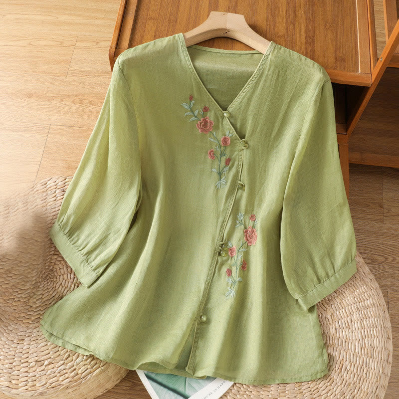 Chemise col V en coton pour femme avec fleurs brodées et Buddha Stones - JauneVert - US12，UK/AU16，EU44 (2XL) - image 8