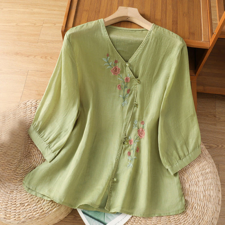 Chemise col V en coton pour femme avec fleurs brodées et Buddha Stones - JauneVert - US12，UK/AU16，EU44 (2XL) - image 8