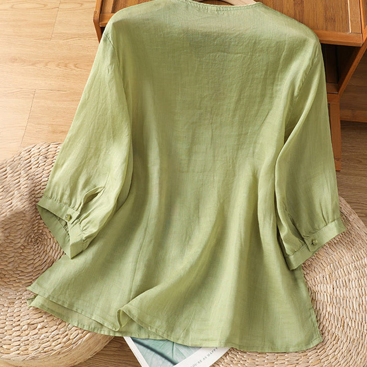 Chemise col V en coton pour femme avec fleurs brodées et Buddha Stones - image 9