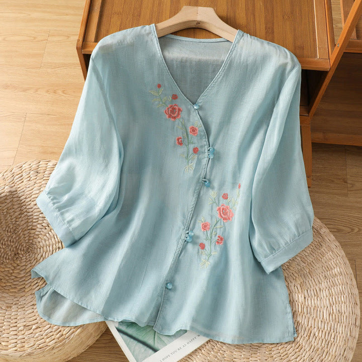 Chemise col V en coton pour femme avec fleurs brodées et Buddha Stones - Bleu ciel clair - US12，UK/AU16，EU44 (2XL) - image 4