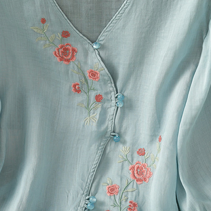 Chemise col V en coton pour femme avec fleurs brodées et Buddha Stones - image 5