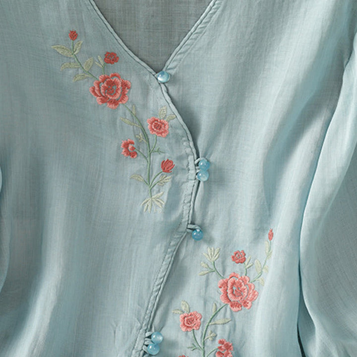 Chemise col V en coton pour femme avec fleurs brodées et Buddha Stones - image 5