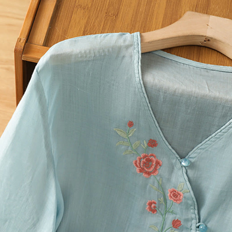 Chemise col V en coton pour femme avec fleurs brodées et Buddha Stones - image 6