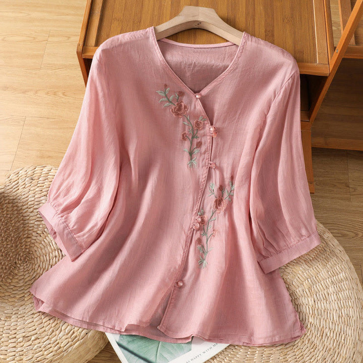Chemise col V en coton pour femme avec fleurs brodées et Buddha Stones - Rose clair - US12，UK/AU16，EU44 (2XL) - image 14