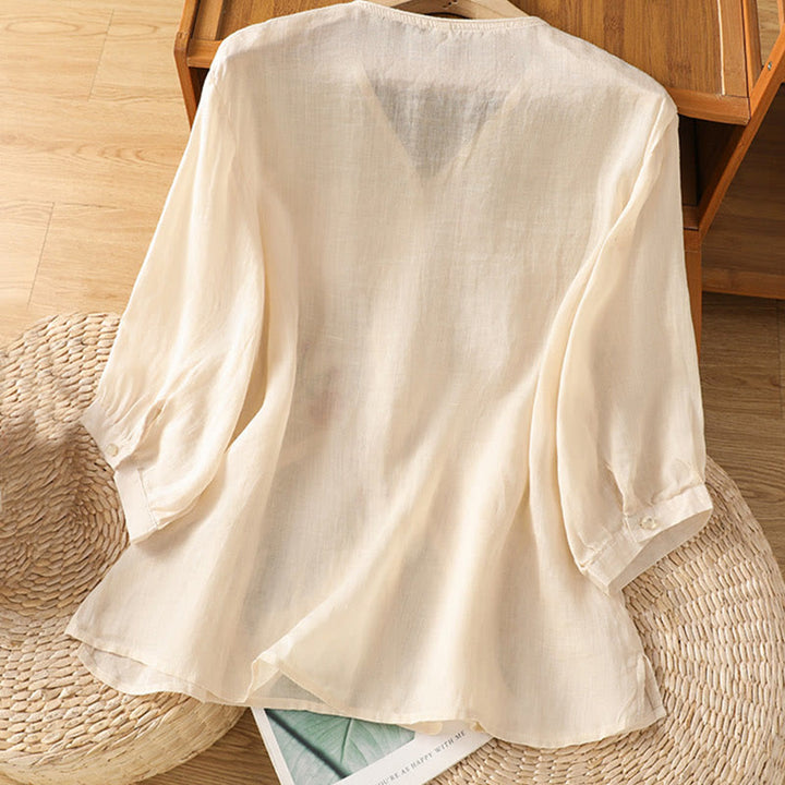 Chemise col V en coton pour femme avec fleurs brodées et Buddha Stones - image 2