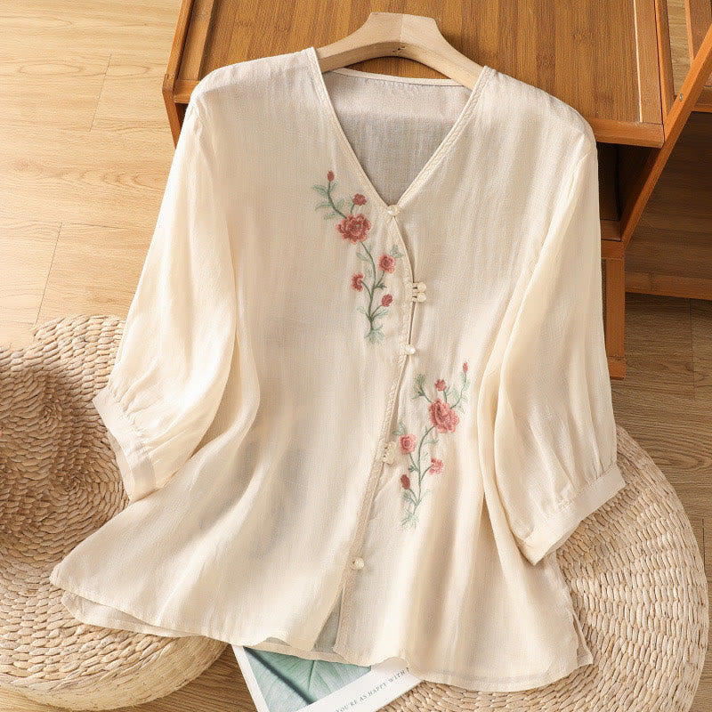 Chemise col V en coton pour femme avec fleurs brodées et Buddha Stones - PapayaWhip - US12，UK/AU16，EU44 (2XL) - image 0