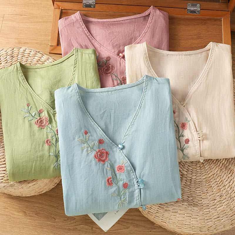 Chemise col V en coton pour femme avec fleurs brodées et Buddha Stones - image 18