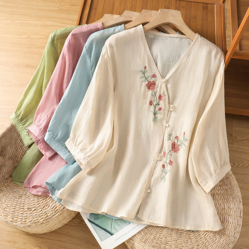 Chemise col V en coton pour femme avec fleurs brodées et Buddha Stones - image 20