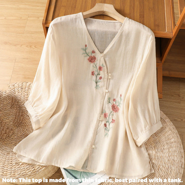 Chemise col V en coton pour femme avec fleurs brodées et Buddha Stones - image 2