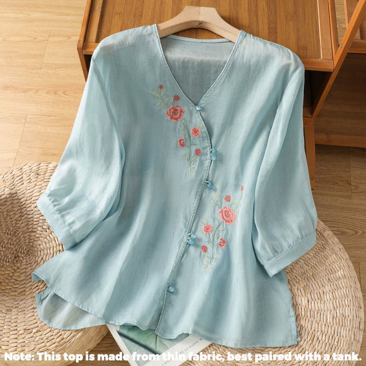 Chemise col V en coton pour femme avec fleurs brodées et Buddha Stones - image 5