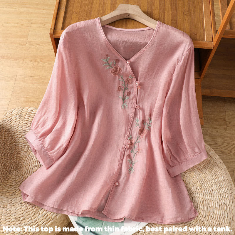 Chemise col V en coton pour femme avec fleurs brodées et Buddha Stones - image 14