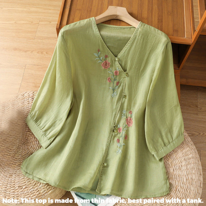 Chemise col V en coton pour femme avec fleurs brodées et Buddha Stones - image 9
