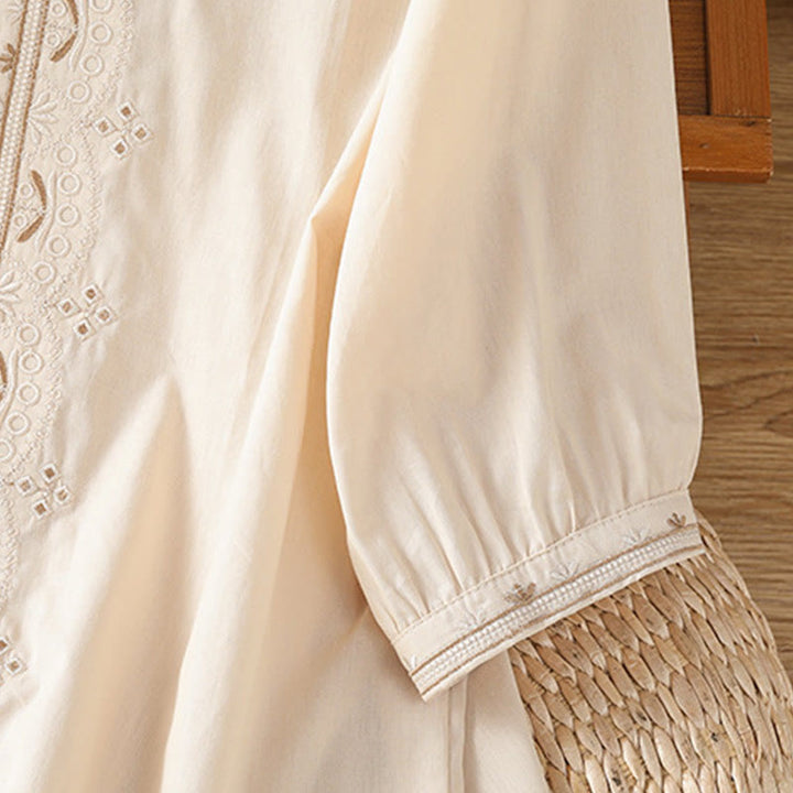 Chemise femme en coton à col en V et broderie symétrique Buddha Stones - image 3