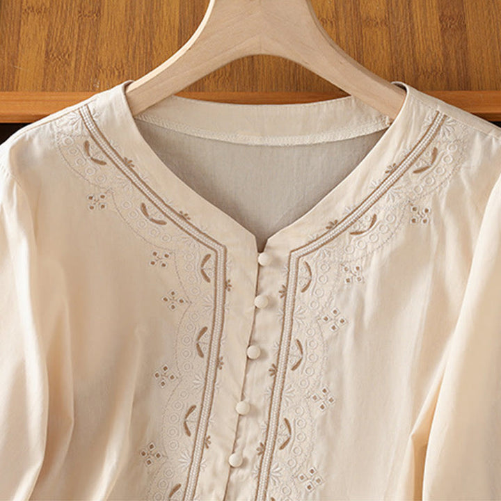 Chemise femme en coton à col en V et broderie symétrique Buddha Stones - image 4