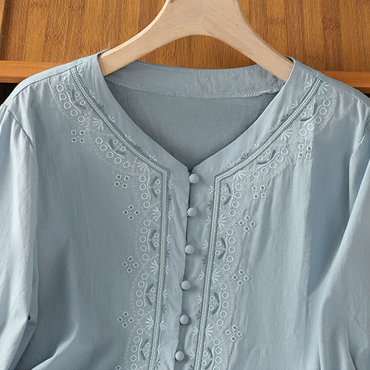 Chemise femme en coton à col en V et broderie symétrique Buddha Stones - image 10