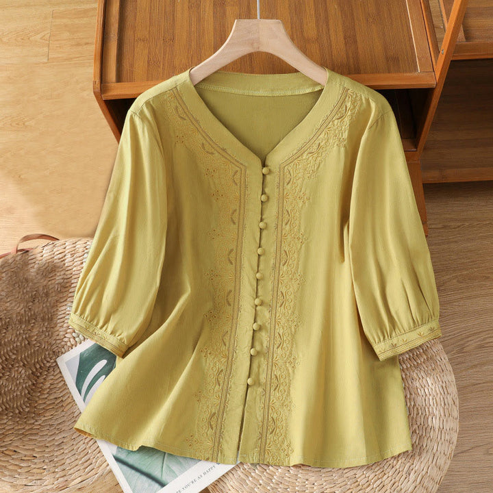 Chemise femme en coton à col en V et broderie symétrique Buddha Stones - Kaki - US12，UK/AU16，EU44 (2XL) - image 14