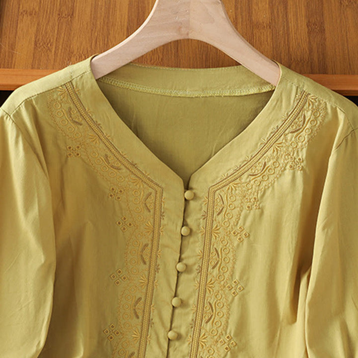 Chemise femme en coton à col en V et broderie symétrique Buddha Stones - image 17