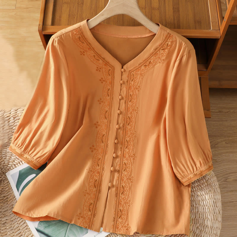 Chemise femme en coton à col en V et broderie symétrique Buddha Stones - SandyBrown - US12，UK/AU16，EU44 (2XL) - image 20
